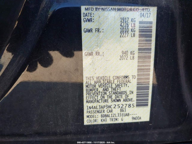 1N4AL3AP3HC252785 Nissan Altima 2.5 Sv