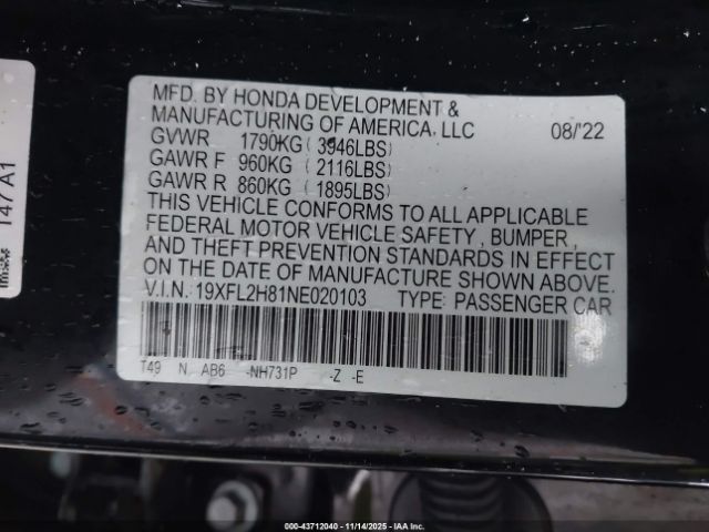 2022 HONDA CIVIC 19XFL2H81NE020103 Photo 8