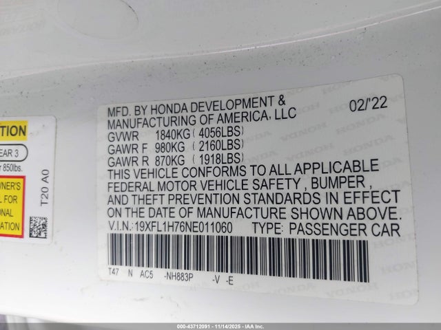 19XFL1H76NE011060 Honda Civic