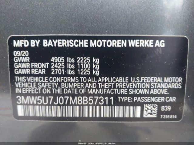 2021 BMW 3 SERIES 3MW5U7J07M8B57311 Photo 8