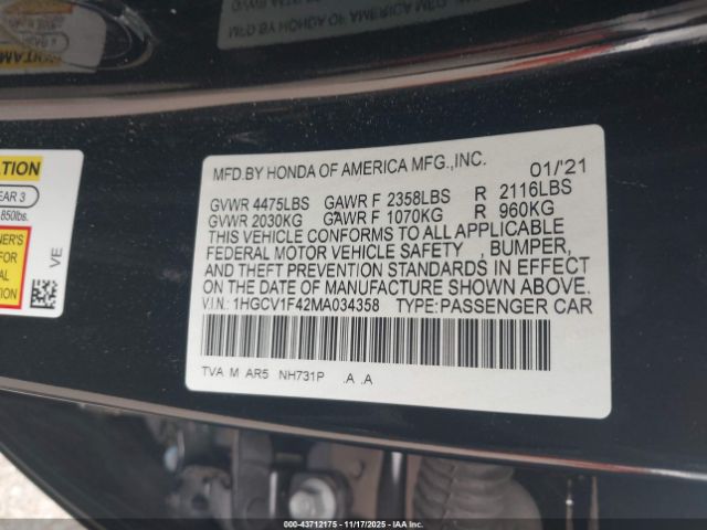 2021 HONDA ACCORD 1HGCV1F42MA034358 Photo 8