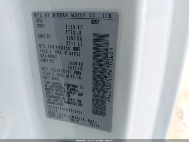 Продаж на аукціоні авто 2021 Nissan Nv200  Cargo Sv Xtronic Cvt, vin: 3N6CM0KN9MK700654, номер лоту: 43712179