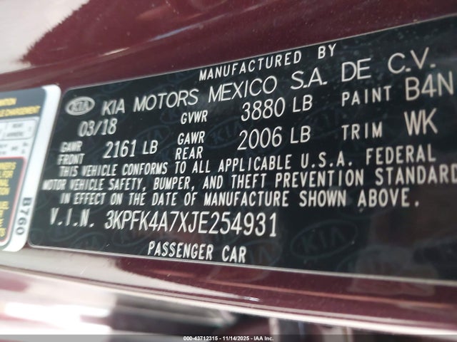 Продажа на аукционе авто 2018 Kia Forte Lx, vin: 3KPFK4A7XJE254931, номер лота: 43712315