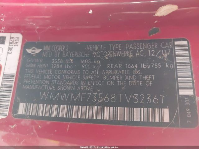 2008 MINI COOPER S WMWMF73568TV32361 Photo 8