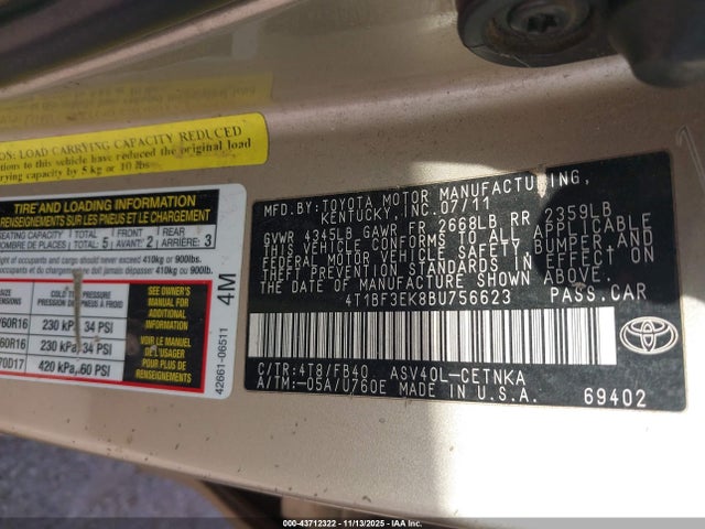 Продажа на аукционе авто 2011 Toyota Camry Le, vin: 4T1BF3EK8BU756623, номер лота: 43712322