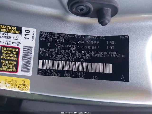 5TDKZ3DC1KS017829 Toyota Sienna Le 8 Passenger