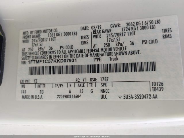 2019 FORD F-150 1FTMF1C57KKD07931 Photo 8