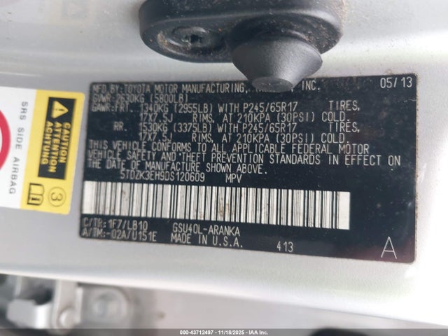Aukcja sprzedaży 2013 Toyota Highlander Se V6, vin: 5TDZK3EH9DS120609, numer aukcji: 43712497