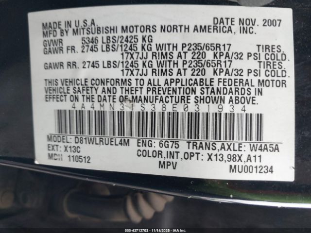 2008 MITSUBISHI ENDEAVOR 4A4MN31S38E031934 Photo 8