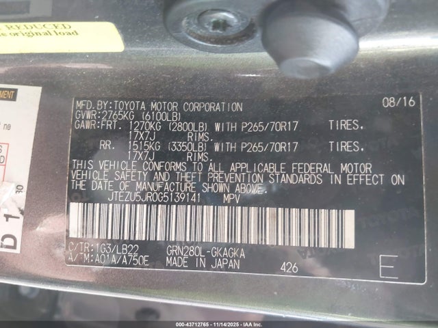 Aukcja sprzedaży 2016 Toyota 4runner Sr5 Premium, vin: JTEZU5JR0G5139141, numer aukcji: 43712765