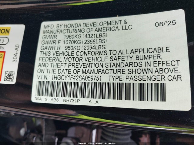 1HGCY1F42SA059751 Honda ACCORD SE