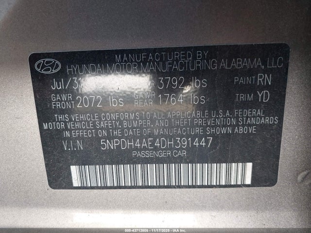 Aukcja sprzedaży 2013 Hyundai Elantra Gls, vin: 5NPDH4AE4DH391447, numer aukcji: 43712805