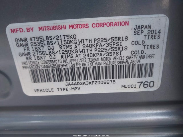 2015 MITSUBISHI OUTLANDER JA4AD3A3XFZ006678 Photo 8