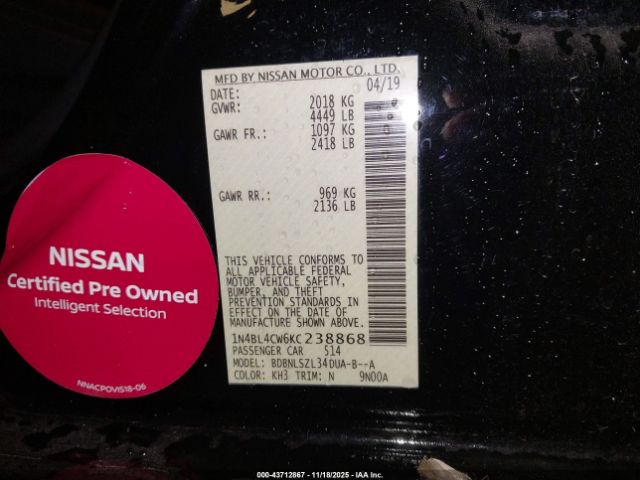 2019 NISSAN ALTIMA 1N4BL4CW6KC238868 Photo 8