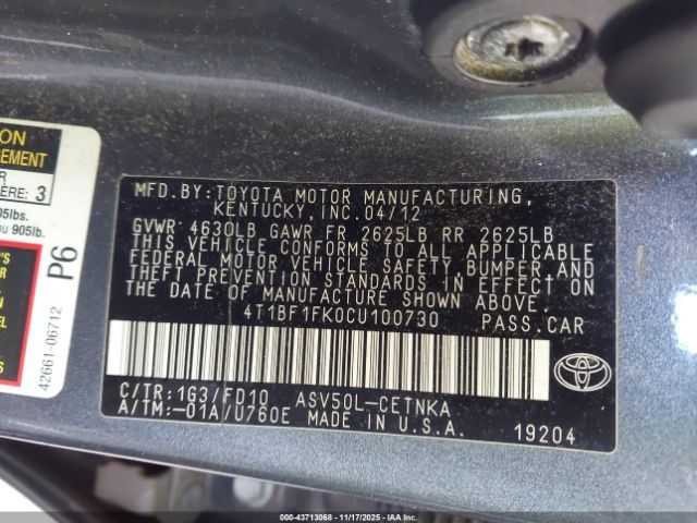 2012 TOYOTA CAMRY 4T1BF1FK0CU100730 Photo 8