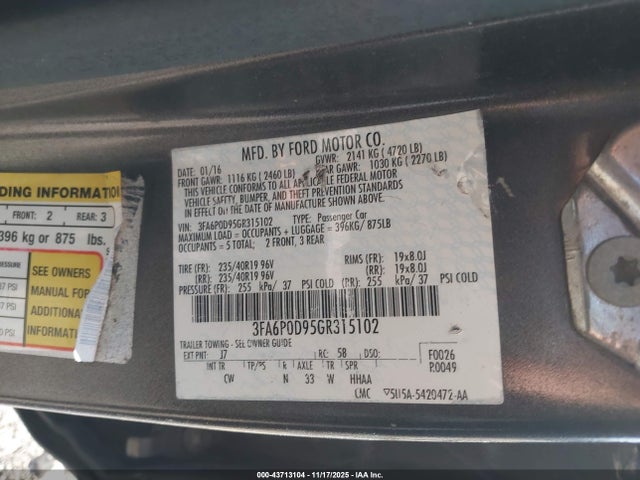 Продаж на аукціоні авто 2016 Ford Fusion Titanium, vin: 3FA6P0D95GR315102, номер лоту: 43713104