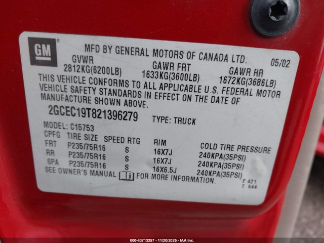Продажа на аукционе авто 2002 Chevrolet Silverado 1500 Ls, vin: 2GCEC19T821396279, номер лота: 43713257