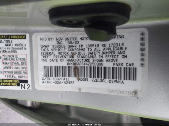 2004 TOYOTA COROLLA 1NXBR32E44Z250988 Photo 8