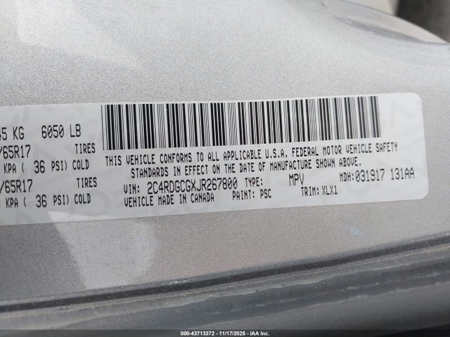Auction sale of the 2018 Dodge Grand Caravan Sxt, vin: 2C4RDGCGXJR267800, lot number: 43713372