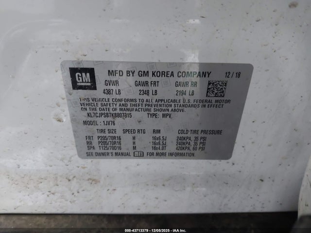 Продажа на аукционе авто 2019 Chevrolet Trax Lt, vin: KL7CJPSB7KB807315, номер лота: 43713379