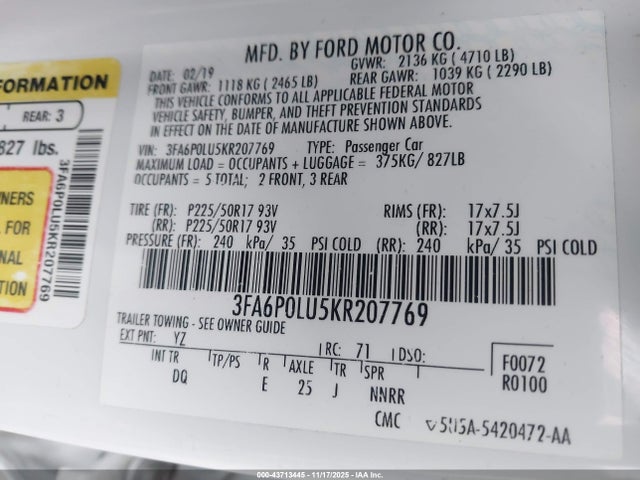 3FA6P0LU5KR207769 Ford Fusion Hybrid Se