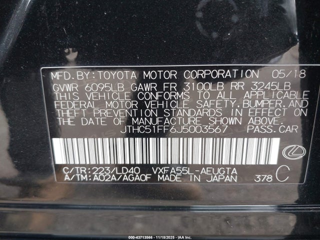 43713566 :رقم المزاد ، JTHC51FF6J5003567 vin ، 2018 Lexus Ls 500 مزاد بيع