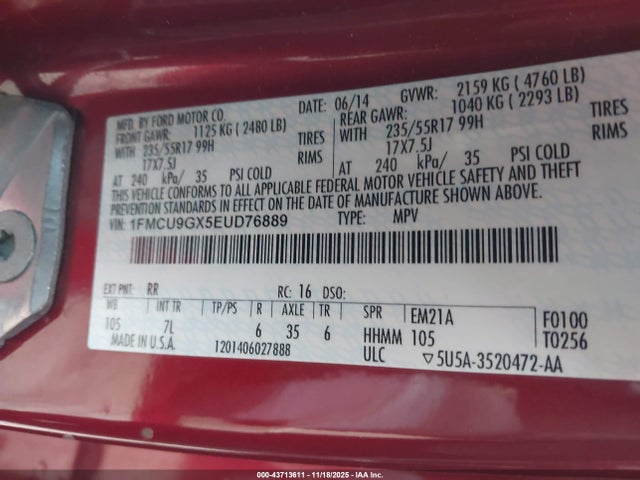 43713611 :رقم المزاد ، 1FMCU9GX5EUD76889 vin ، 2014 Ford Escape Se مزاد بيع