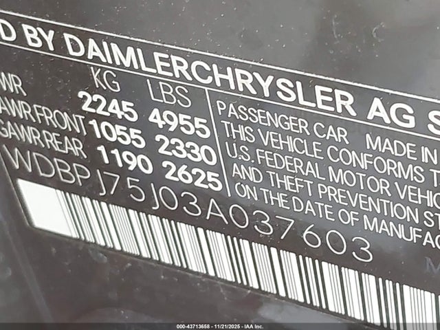 43713658 :رقم المزاد ، WDBPJ75J03A037603 vin ، 2003 Mercedes-benz Cl 500 مزاد بيع