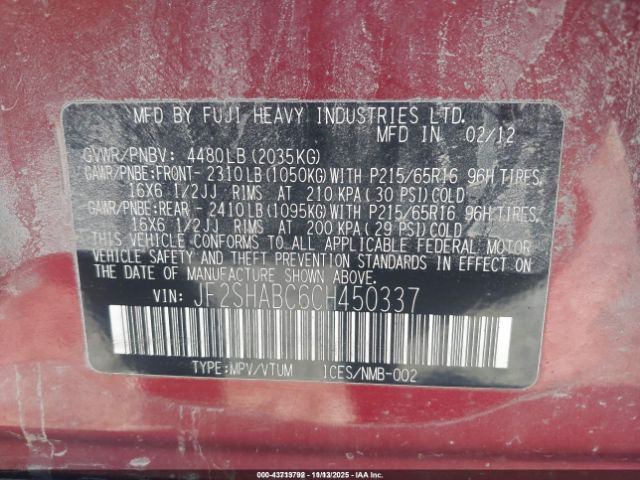2012 SUBARU FORESTER JF2SHABC6CH450337 Photo 8