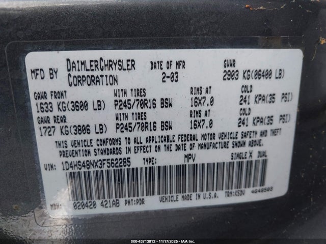 Продажа на аукционе авто 2003 Dodge Durango Slt, vin: 1D4HS48NX3F562285, номер лота: 43713812