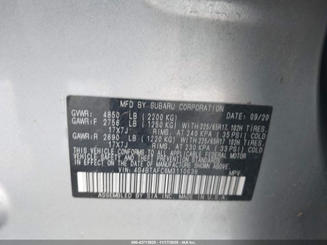 2021 SUBARU OUTBACK 4S4BTAFC6M3110638 Photo 8