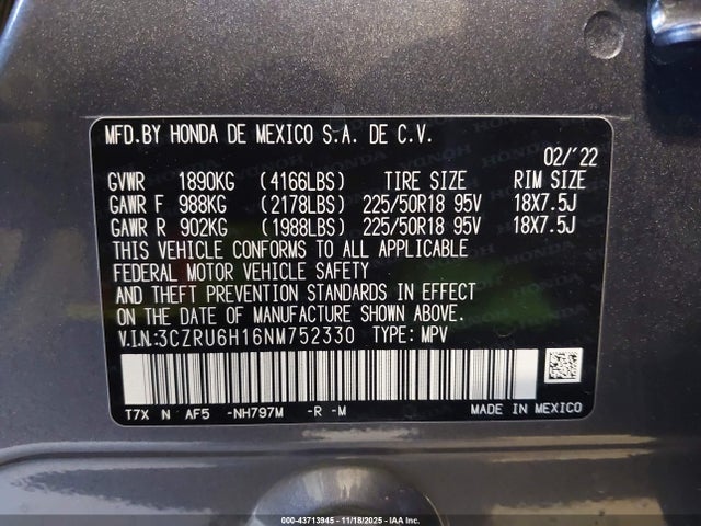 3CZRU6H16NM752330 Honda Hr-v Awd Sport