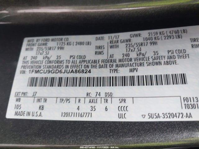 1FMCU9GD6JUA86824 Ford ESCAPE SE