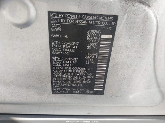 2018 Nissan Rogue Sv მანქანა იყიდება აუქციონზე, vin: KNMAT2MT5JP527441, აუქციონის ნომერი: 43714190