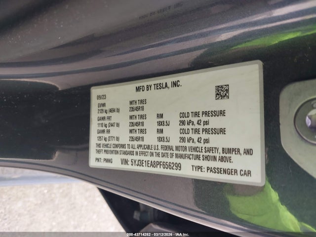 Продажа на аукционе авто 2023 Tesla Model 3 Rear-wheel Drive, vin: 5YJ3E1EA8PF656299, номер лота: 43714282