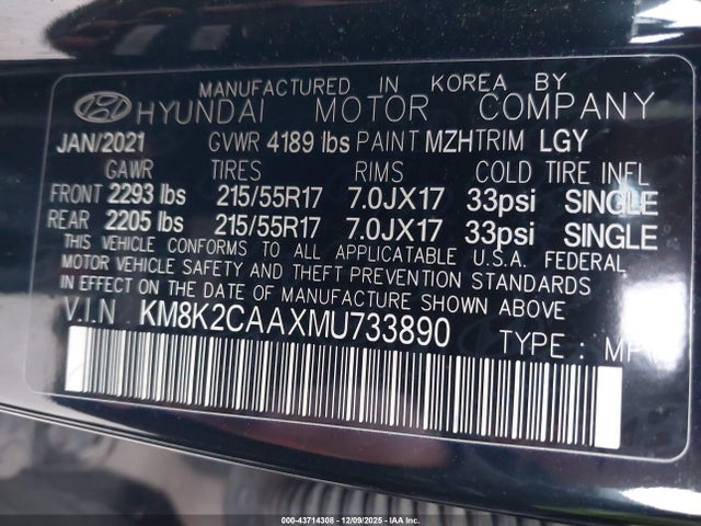 43714308 :رقم المزاد ، KM8K2CAAXMU733890 vin ، 2021 Hyundai Kona Sel مزاد بيع