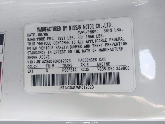 2006 NISSAN 350Z JN1AZ34D76M312023 Photo 8