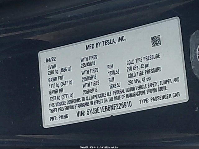 2022 TESLA MODEL 3 5YJ3E1EB6NF226910 Photo 8