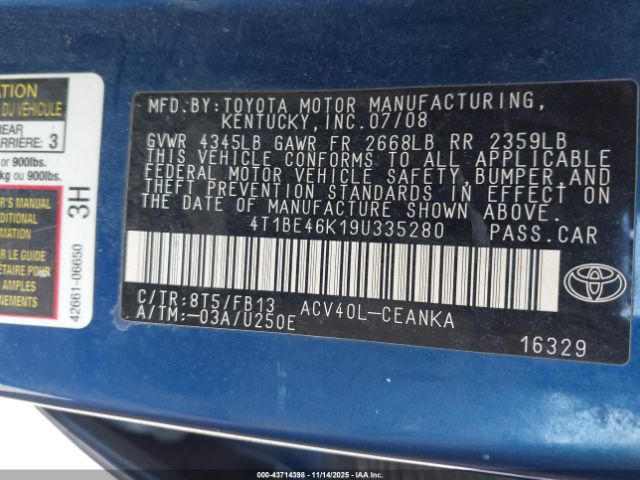2009 TOYOTA CAMRY 4T1BE46K19U335280 Photo 8