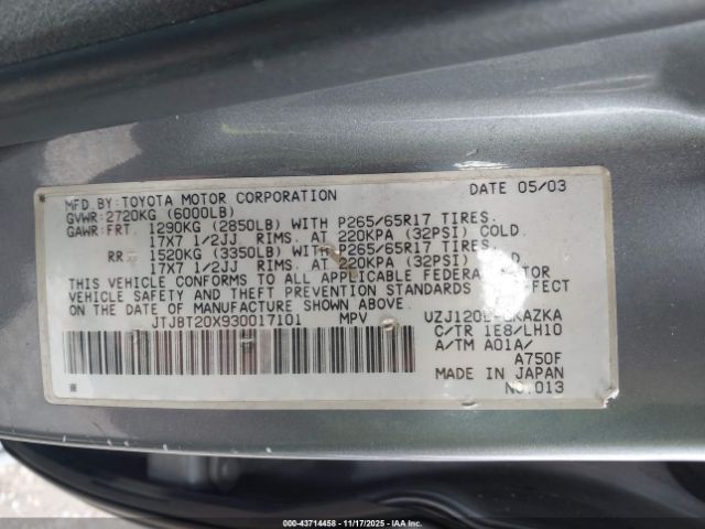 2003 LEXUS GX 470 JTJBT20X930017101 Photo 8