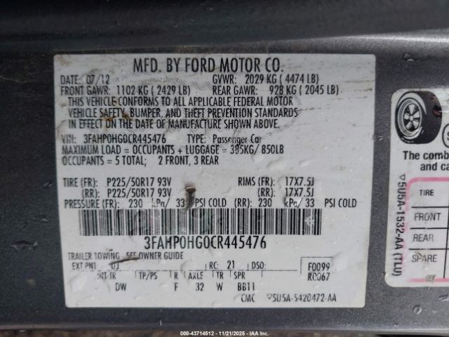 2012 FORD FUSION 3FAHP0HG0CR445476 Photo 8