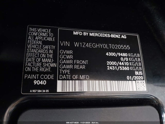 43714520 :رقم المزاد ، W1Z4EGHY0LT020555 vin ، 2020 Mercedes-benz Sprinter 2500 High Roof V6 مزاد بيع