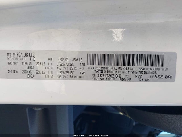 3C6TRVCG2KE539486 RAM Promaster 2500 High Roof 136 Wb