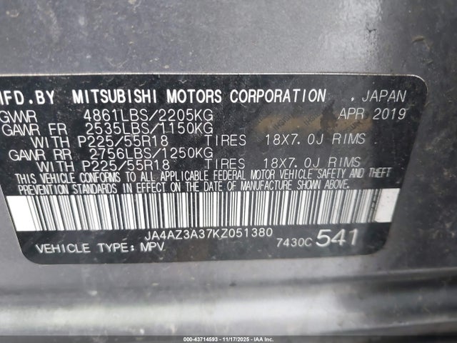 JA4AZ3A37KZ051380 Mitsubishi Outlander Sel