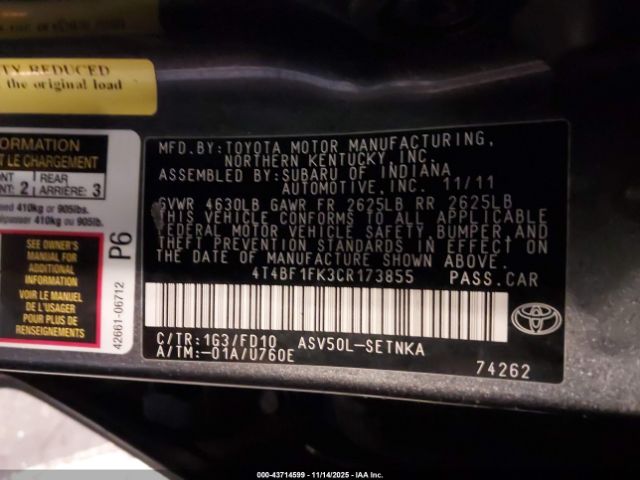 2012 TOYOTA CAMRY 4T4BF1FK3CR173855 Photo 8