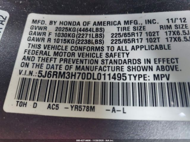 2013 HONDA CR-V 5J6RM3H70DL011495 Photo 8