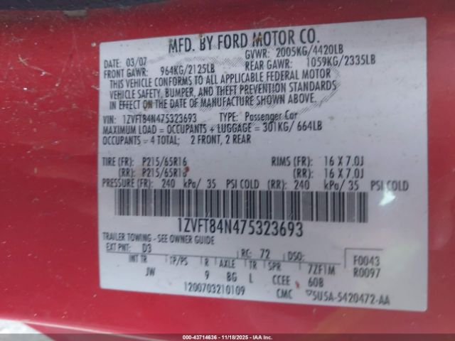 2007 FORD MUSTANG 1ZVFT84N475323693 Photo 8