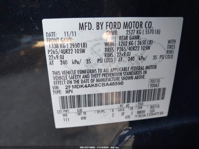 2012 Ford Edge Sport მანქანა იყიდება აუქციონზე, vin: 2FMDK4AK8CBA48590, აუქციონის ნომერი: 43714865