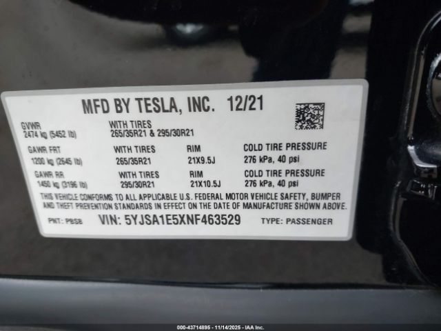 2022 TESLA MODEL S 5YJSA1E5XNF463529 Photo 8