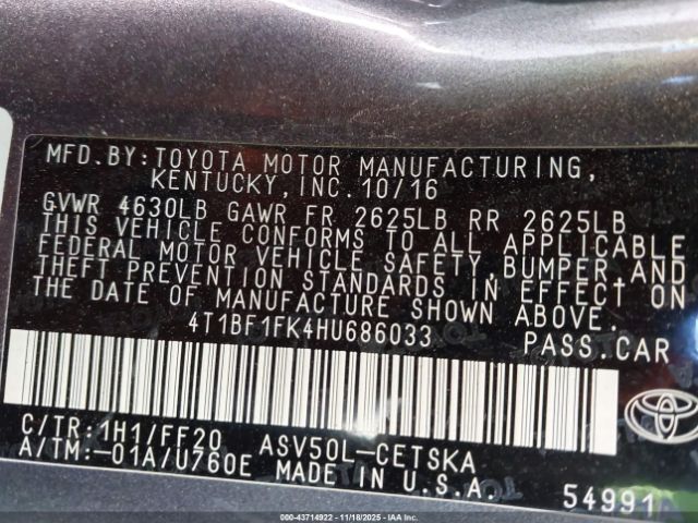 2017 TOYOTA CAMRY 4T1BF1FK4HU686033 Photo 8